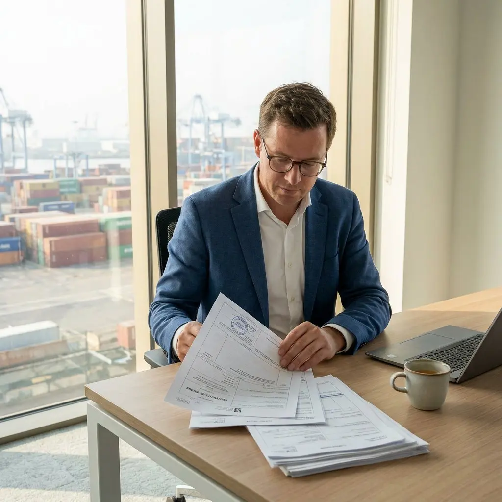 Customs specialist reviewing stamped shipping and customs documents, such as a certificate of origin, at a desk with a laptop, overlooking a container terminal with stacked shipping containers and port cranes.